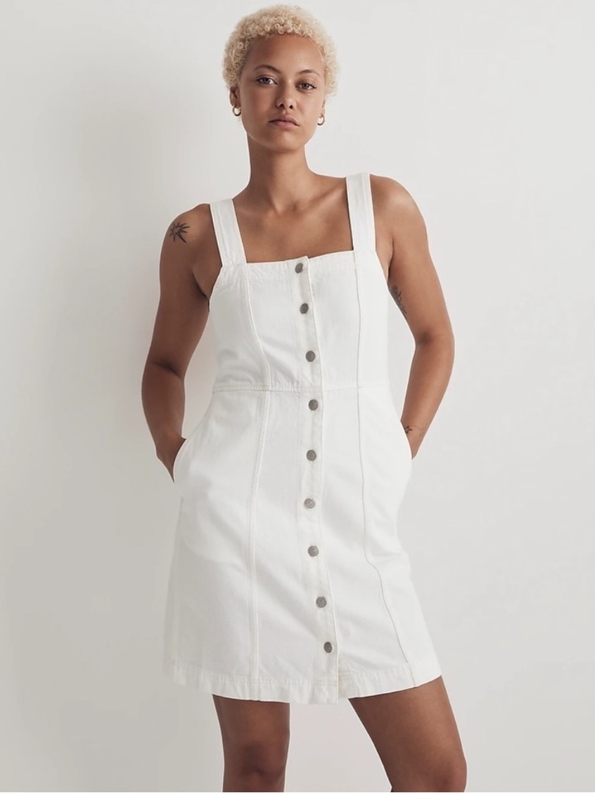 Nwt Madewell Tile White Denim Square-Neck Sleeveless Mini Dress Nl444